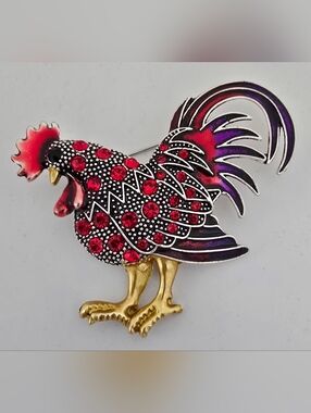 Red Rooster Rhinestone Encrusted Brooch
